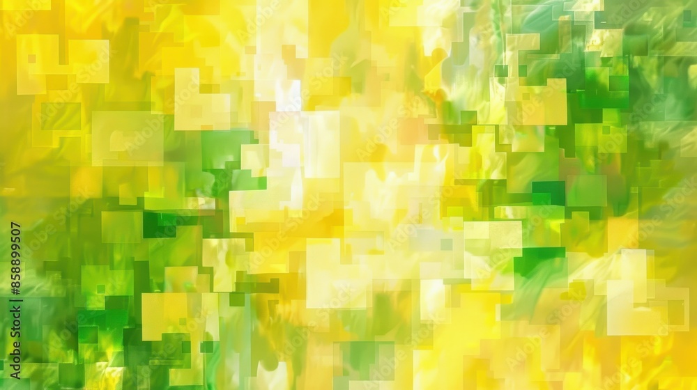 Poster A yellow and green background with squares of different sizes. The squares are arranged in a way that creates a sense of movement and energy. The colors and shapes give the impression of a dynamic