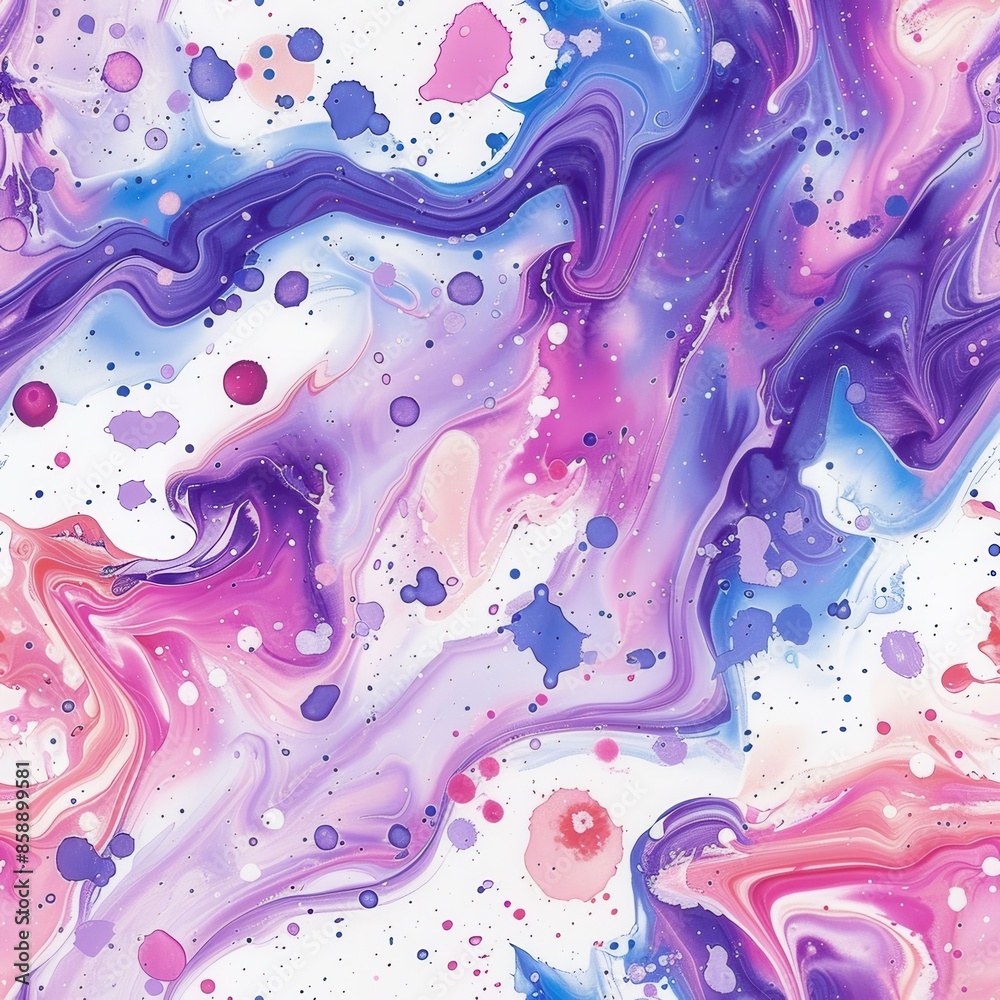 Poster An abstract image of purple and pink swirls with a white background and splattered paint. The swirls are flowing and organic, with a sense of movement and energy. The splattered paint adds a touch of 