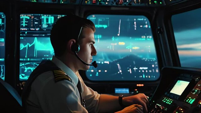 Portrait of middle-aged airplane pilot managing air transport in cockpit. Highly qualified aircraft employee.