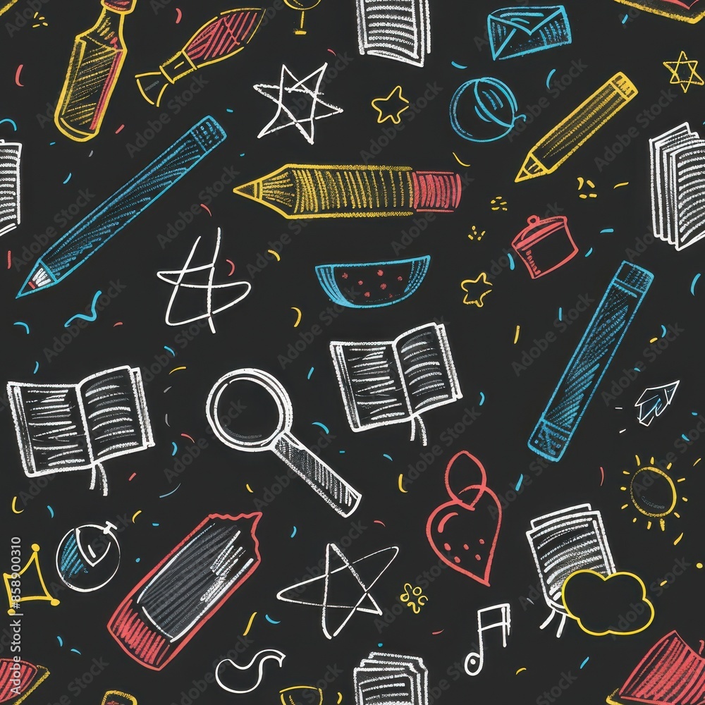 Poster This image features a seamless pattern of various objects drawn in colorful chalk on a black chalkboard background. The pattern includes school supplies like pencils, books, and a magnifying glass, as