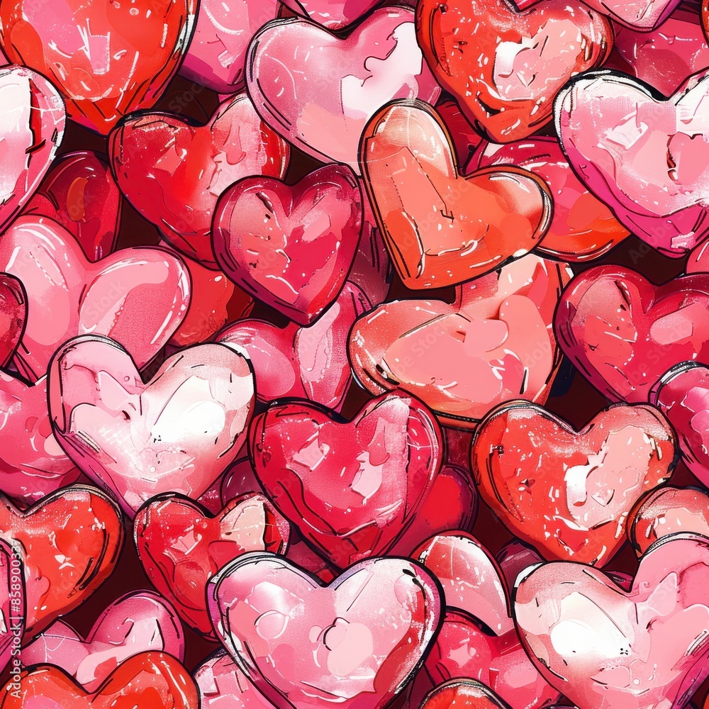 Poster A seamless pattern background of red and pink heart shapes. The hearts are arranged in a random pattern and overlap each other. They have a glossy, slightly transparent finish, which gives the backgro