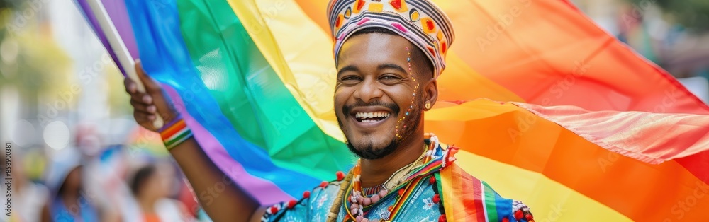 Aufkleber a man is holding a rainbow flag and smiling. concept of joy and celebration, as the man is dressed i
