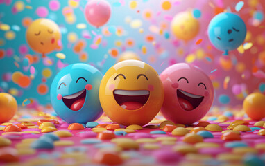 A colorful 3D banner background with emoji symbols, celebrating World Emoji Day, suitable for social media and digital communication events.