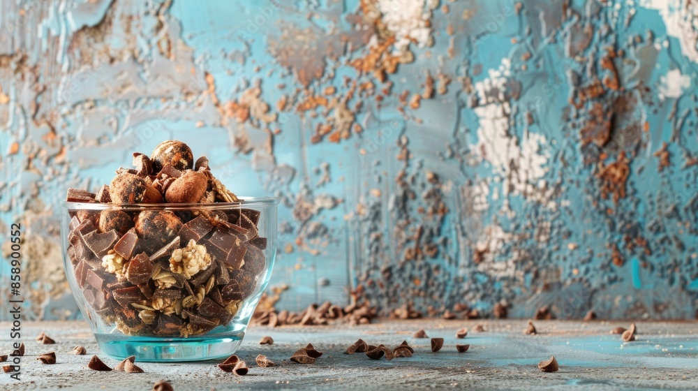 Wall mural chocolate muesli in glass on blue and white distressed background - Wall murals