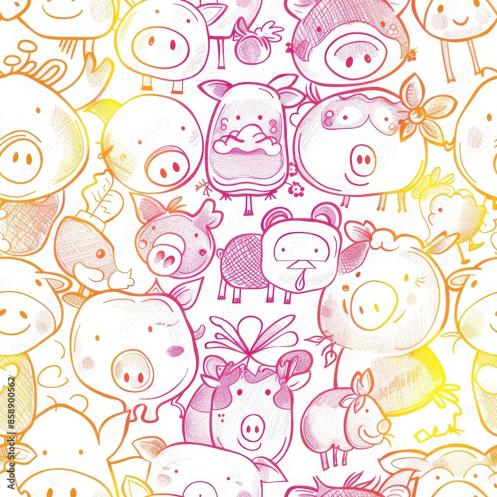Aufkleber this image is a seamless pattern featuring various colorful, hand-drawn cartoon pigs in a variety of