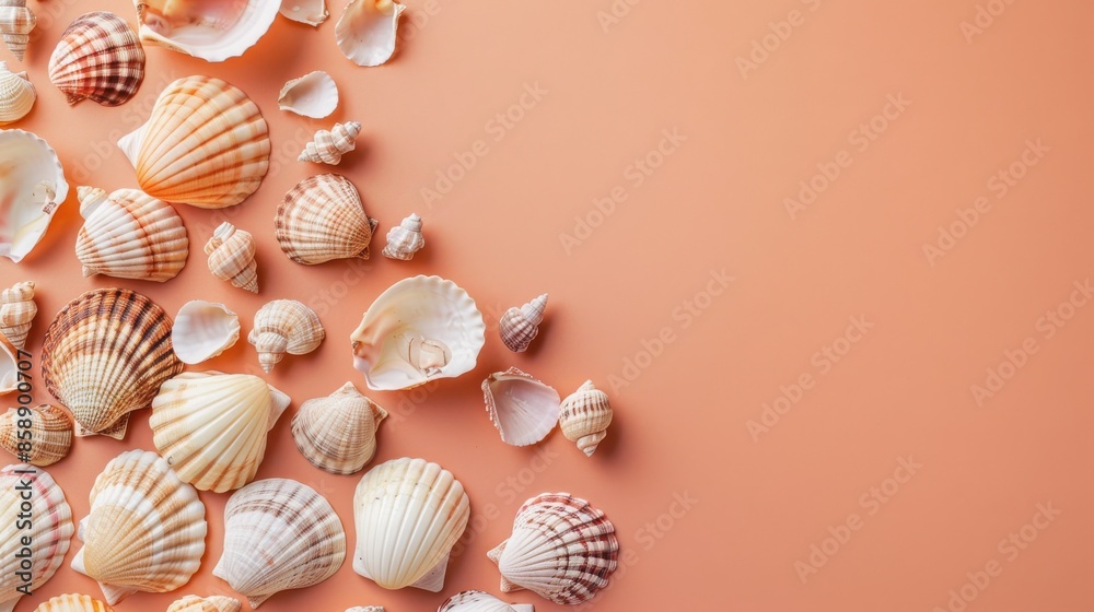 Poster A collection of seashells of various sizes and shapes are arranged in a diagonal line on a peach-colored surface. The shells are a mix of white, cream, and brown colors, and some have intricate patter