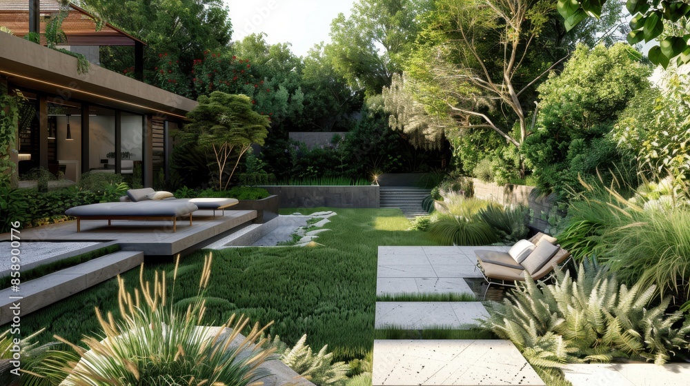 Poster a lush green backyard with a pool and a patio area. the pool is surrounded by a stone wall and there