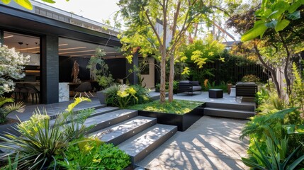 A large, lush green yard with a black patio and a black staircase leading up to a black patio
