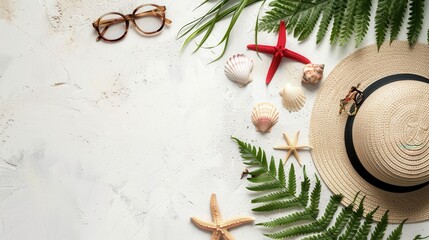 A flat lay image of summer vacation essentials on a white background. The image features a straw hat, sunglasses, seashells, starfish, and greenery. The image is perfect for a blog post about summer t