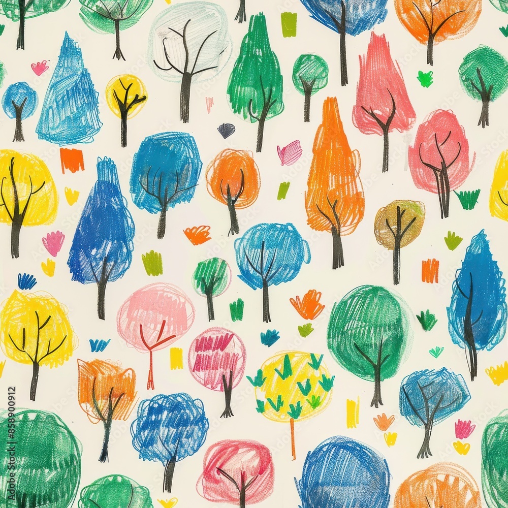 Poster This image shows a colorful pattern of hand-drawn trees on a white background. The trees are drawn in a variety of shapes and sizes, with different colors and patterns used for each. The image is remi