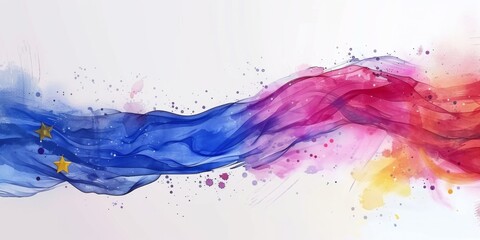 Fototapeta premium High-Resolution AI-Generated Watercolor Style Illustration of the European Union Euro Flag Colors in a Flying and Waving Fabric Abstract Banner, Representing Political and National Government Concepts