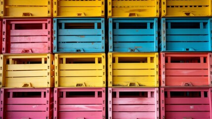 Colorful crates piled up for storing produce, functional and bright