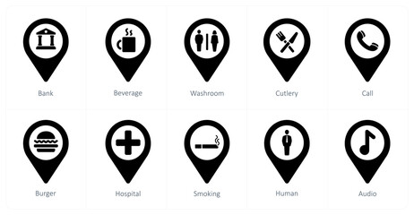 A set of 10 Location Pointer icons as bank, beverage, washroom