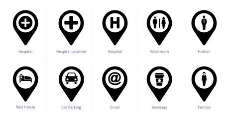 A set of 10 Location Pointer icons as hospital, hospital location, washroom