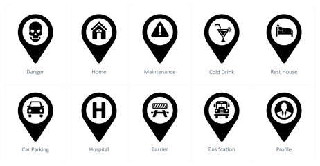 A set of 10 Location Pointer icons as danger, home, maintenance