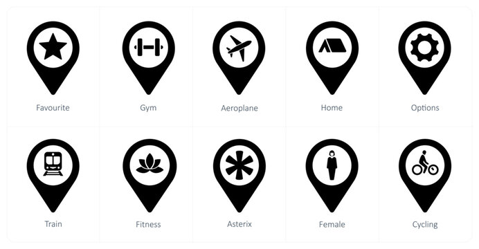 A set of 10 Location Pointer icons as favorite, gym, aeroplane