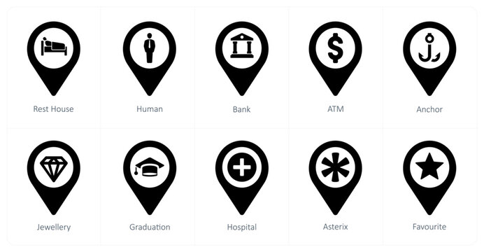 A set of 10 Location Pointer icons as rest house, human, bank