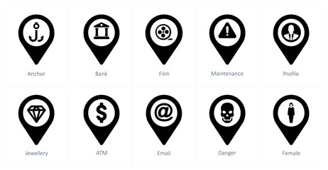 A set of 10 Location Pointer icons as anchor, bank, film