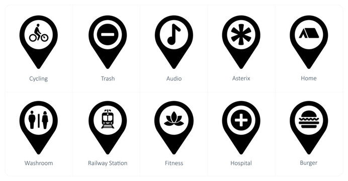 A set of 10 Location Pointer icons as cycling, trash, audio