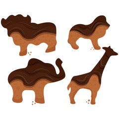 set of different chocolate gingerbread cookies in the shape of African animals, namely elephant, giraffe, lion and buffalo for World Chocolate Day, for designs, posters or banners