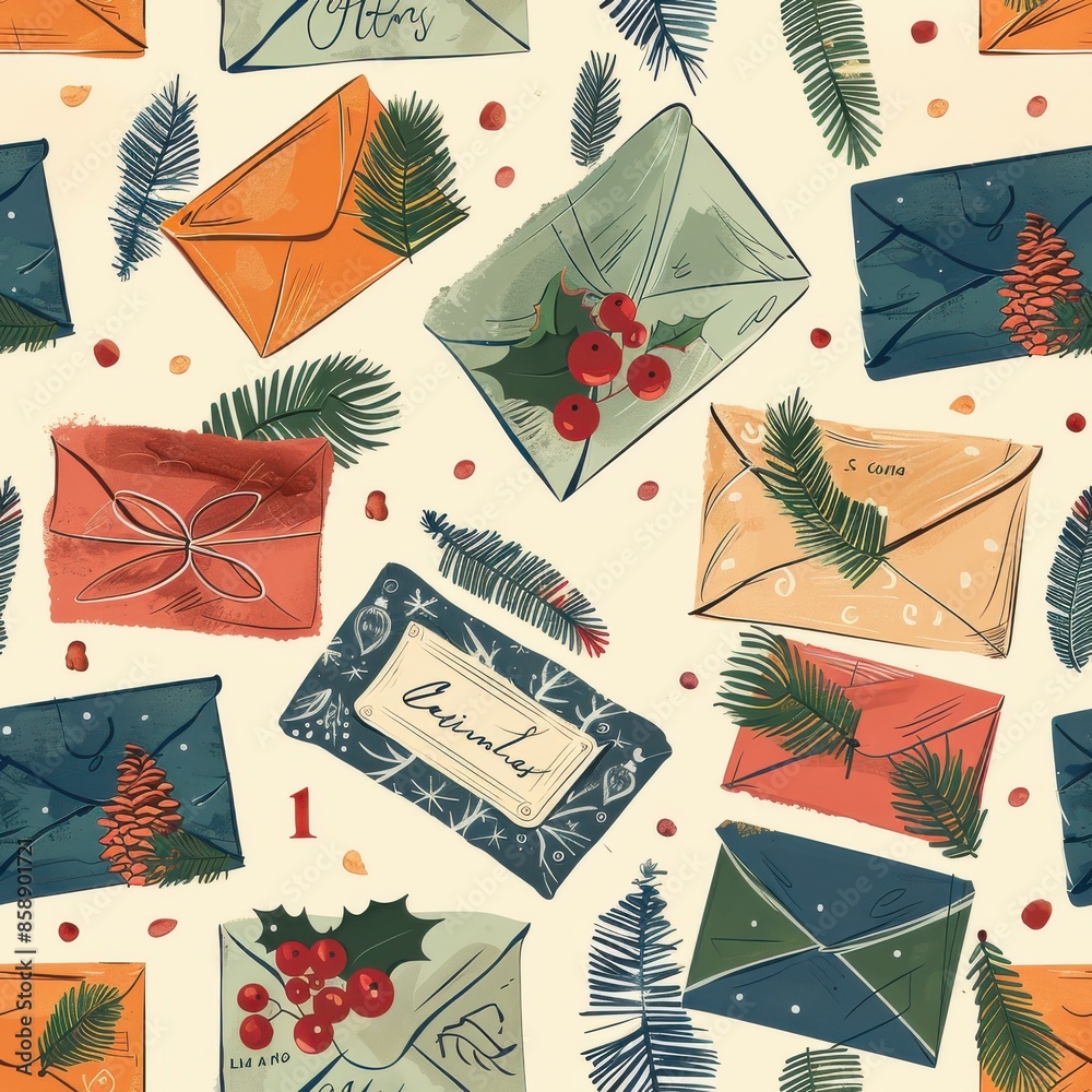 Poster this illustration features a seamless pattern of colorful envelopes decorated with holly, pine branc