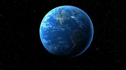 Fototapeta premium 3d blue earth globe with continent outlines in space against a backdrop of starry black sky