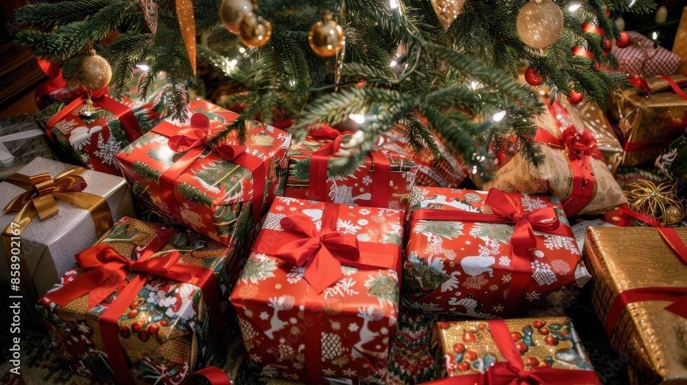 Poster this image shows a close-up of a variety of colorful christmas presents wrapped in red and gold pape