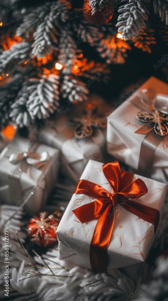 Poster a close-up view of christmas presents wrapped in white paper with red ribbons, situated under a chri