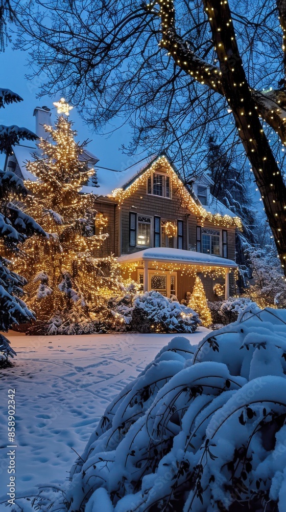 Poster a snow-covered house with a large christmas tree illuminated with lights, surrounded by trees and sn
