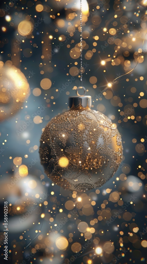 Poster A close-up of a gold Christmas ornament hanging from a string in front of a background of golden bokeh lights. The ornament is a round, shiny bauble with a silver cap and a delicate pattern. The light