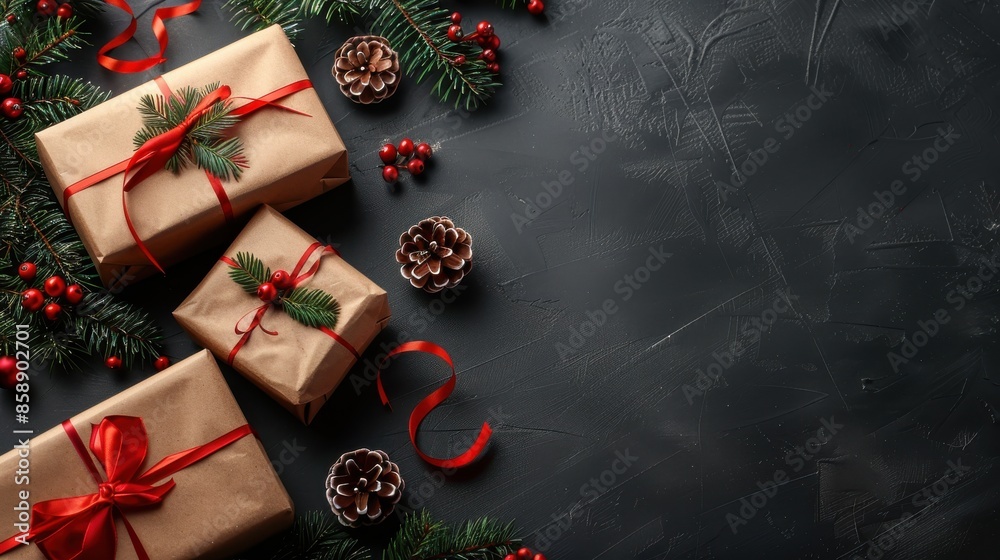 Poster A flat lay image of three Christmas presents wrapped in brown paper with red ribbon and bows. There is also greenery with red berries and pine cones. The background is a dark gray, textured surface.