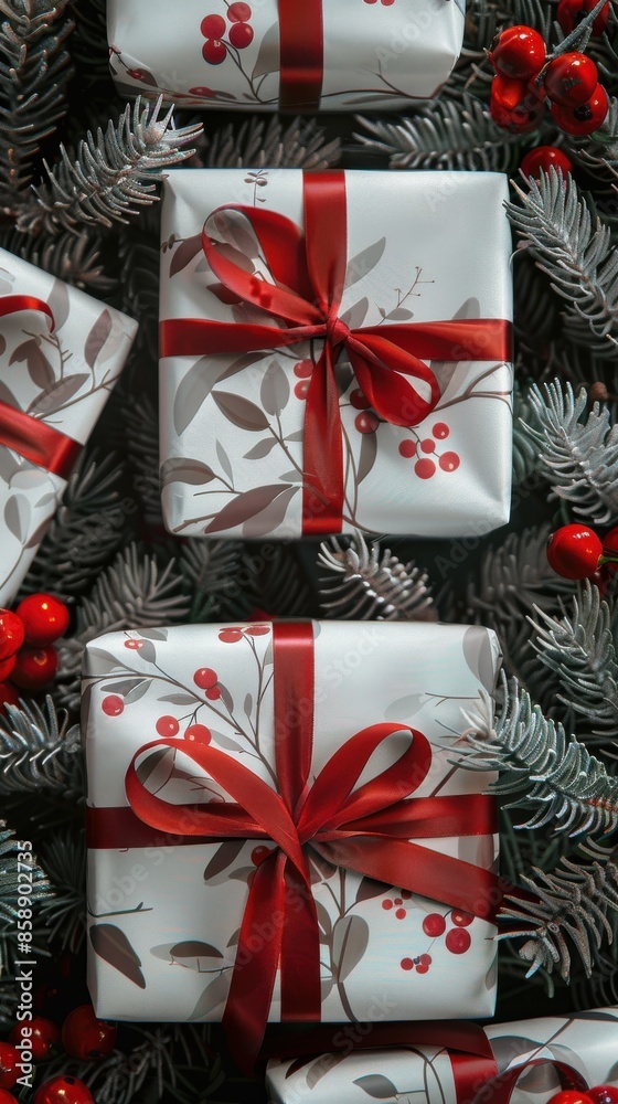 Poster this image shows a close-up of three wrapped gifts with red bows and a berry pattern. the gifts are 