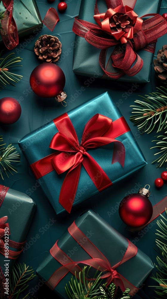 Aufkleber an overhead shot of four teal gift boxes with red bows and red ornaments. the boxes are sitting on a