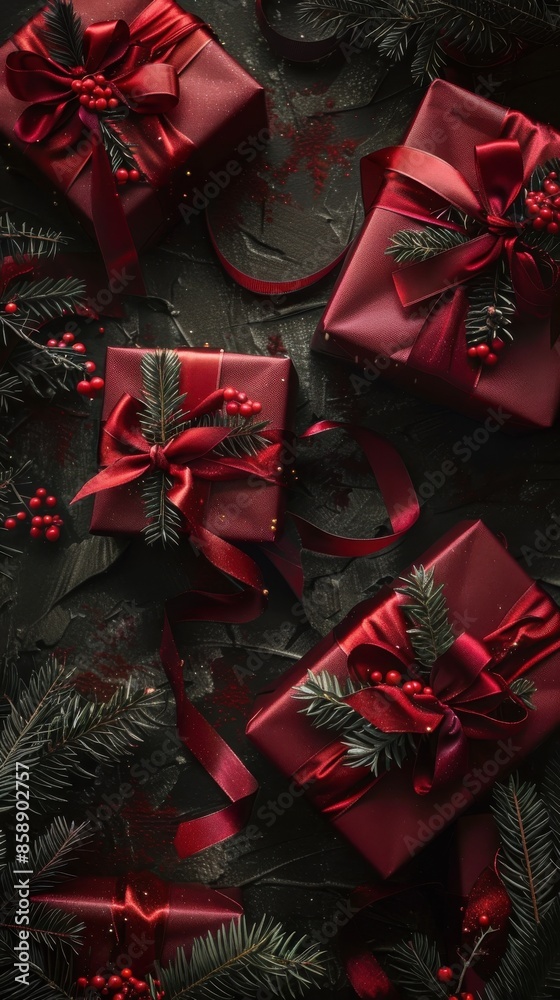 Poster A flat lay photograph of several Christmas presents wrapped in red paper with red ribbons and adorned with pine sprigs. The presents are arranged on a dark background.