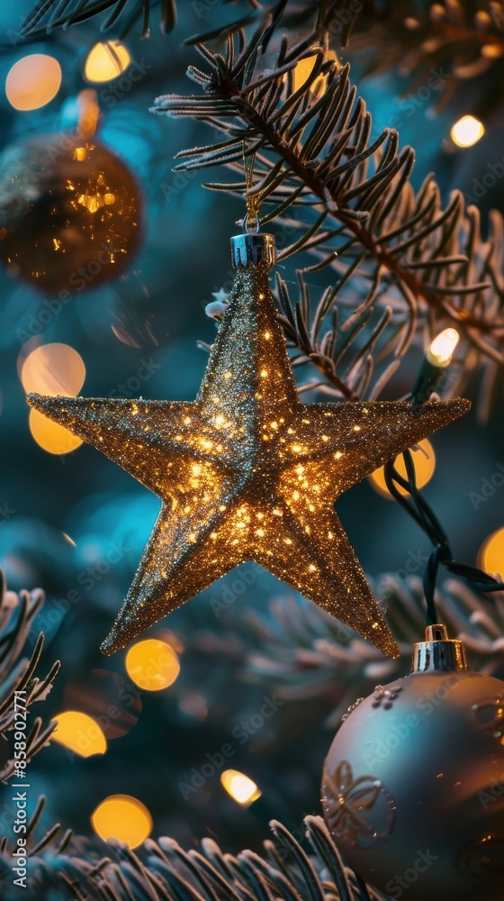 Poster A close-up view of a golden star-shaped Christmas ornament hanging from a Christmas tree branch. The star is illuminated from within, creating a warm glow. The tree branches are covered in frost and t
