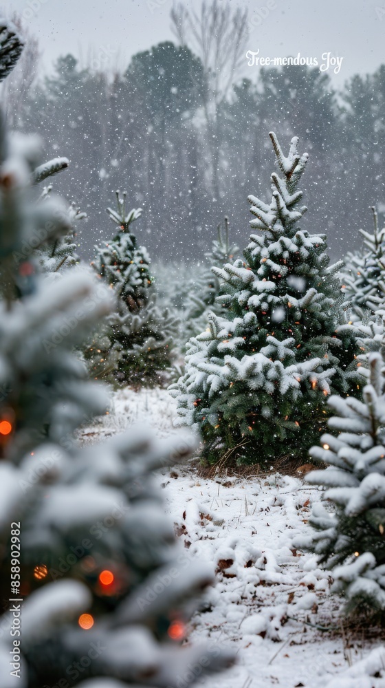 Poster A close-up view of snow-covered Christmas trees in a snowy forest on a winter day. The trees are decorated with Christmas lights, adding a touch of warmth to the cold scene. The snow is falling gently