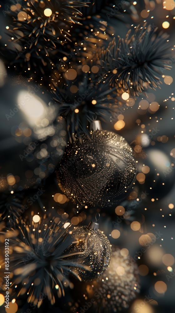 Poster a close-up image of a black christmas ornament hanging from a pine branch, with gold lights and boke