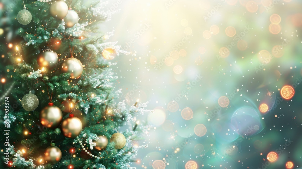 Poster this image features a close-up of a decorated christmas tree with golden ornaments, lights, and a so