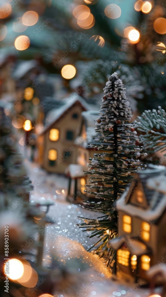 Poster a miniature christmas village scene is depicted, featuring a frosted pine tree in the foreground, wi