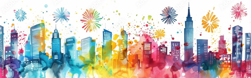 Poster a vibrant watercolor illustration depicts a city skyline with multiple buildings and fireworks explo