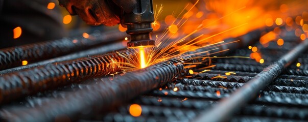 Bright sparks fly as worker's hands manipulate blowtorch to cut thick steel rebar, creating intense heat against raspberry pink, cobblestone gray, and clay backdrop.