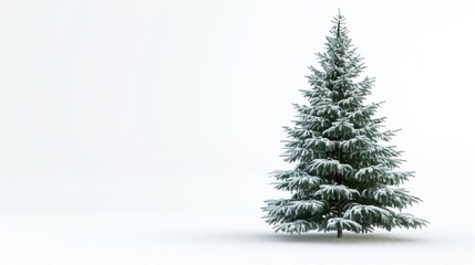 A single, snow-covered pine tree stands tall against a white background, its branches adorned with a light dusting of fresh snow. The tree is the central focus of the image, with its dark green needle
