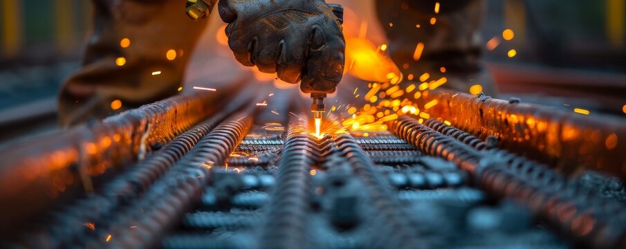 Sparks fly as worker uses blowtorch on steel rebar, hands bathed in intense heat. Vibrant raspberry, cobblestone gray, clay colors. - Powered by Adobe