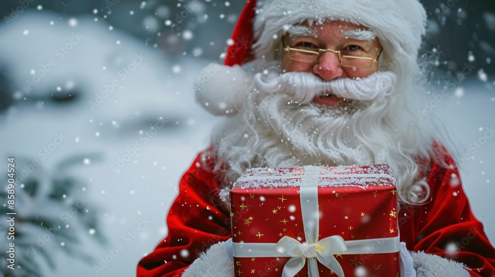 Poster this image features a close-up portrait of santa claus holding a gift wrapped in red paper with a wh