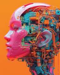 Vibrant mechanical head design with neon colors on orange background, paired with AI text. Stunning blend of pink, green, yellow, peach.