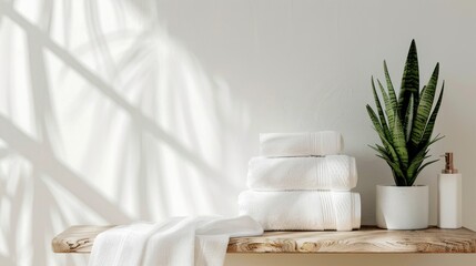 Mockup of white towels and houseplant on table with space for text
