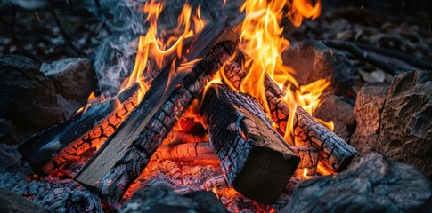 Close-Up of a Burning Campfire with Smoke and Rocks