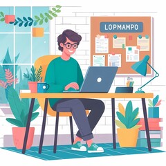 A man sitting on a desk and working with a laptop at home modern vector illustration