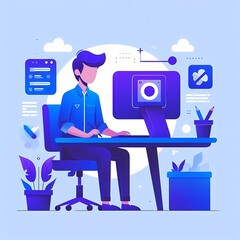 A man sitting on a desk and working with a laptop at home modern vector illustration