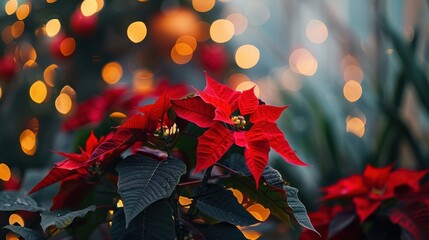 A close-up photograph of a red poinsettia plant with vibrant red blooms. The image is slightly blurred in the background, showcasing a bokeh effect of warm, yellow Christmas lights.